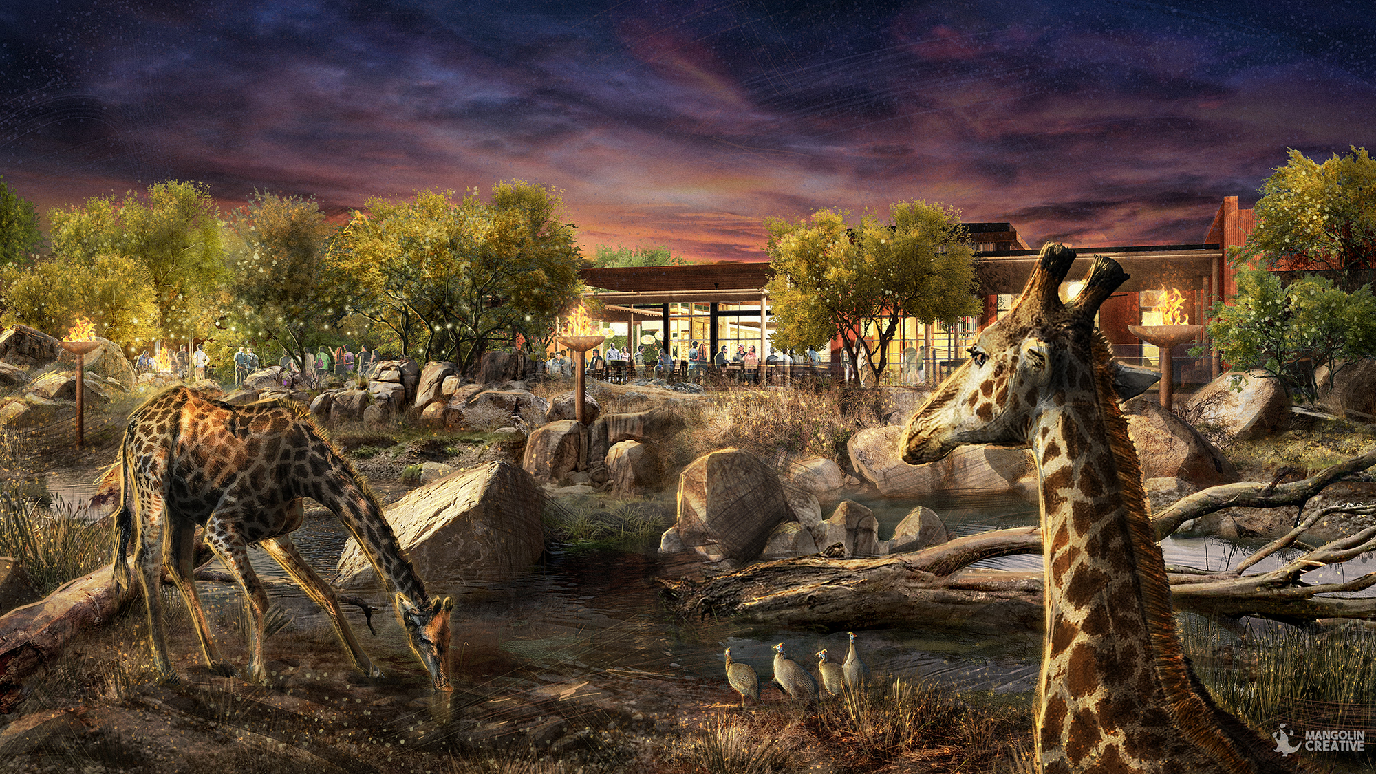 a rendering of the lodge, it's sunset and two giraffes are in the foreground, people eating in a restaurant is in the background