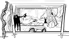 an elevation in a hand-drawn style showing guests inside the viewing vestibule looking at colobus 